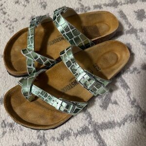 Birkenstock Green Genuine Leather Croc-Embossed Sandals